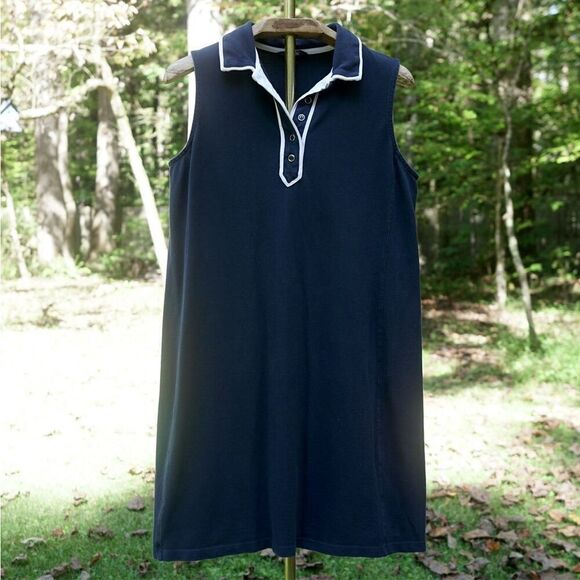 Lands’ End Navy White Sleeveless Polo Shift Dress - Picture 2 of 6